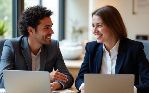 Eine Person coacht eine andere in einer professionellen Umgebung.